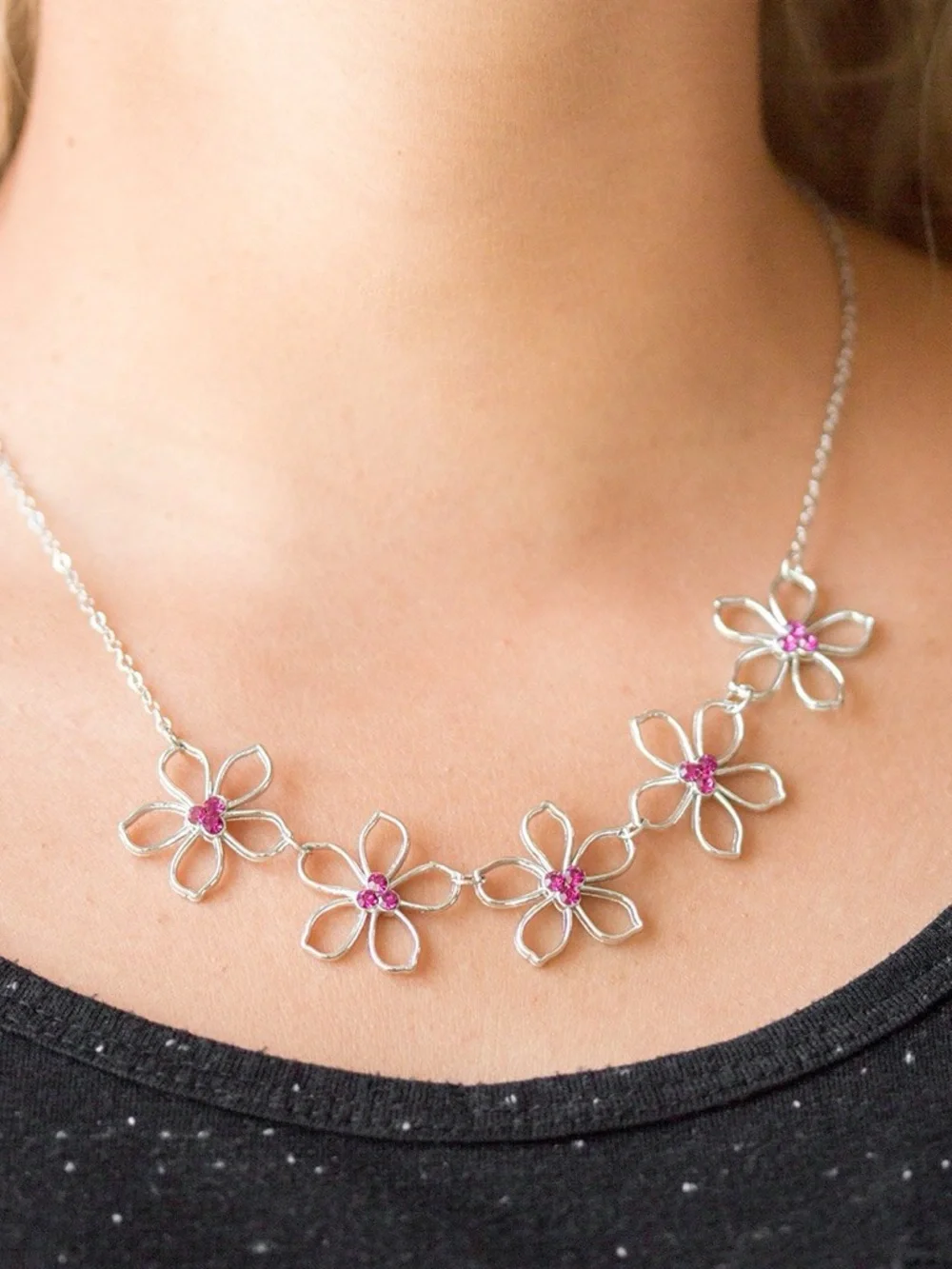 Hoppin Hibiscus - Floral Hibiscus Necklace and Earrings with Pink Rhinestones - Picture 2 of 3